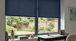 Deep navy blue roller blinds featuring a subtle hexagon geometric design