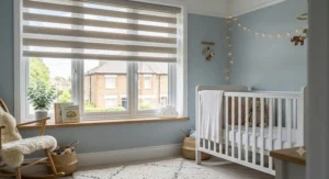 Soft neutral day and night roller blinds in a nursery for adjustable light levels
