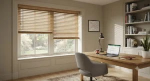 Oak effect faux wood venetian blinds installed in a bright home office study space
