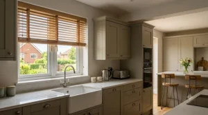 Natural oak finish wooden venetian blinds installed in a modern British kitchen, providing adjustable light and privacy.