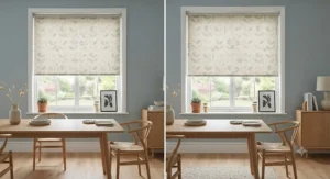 Minimalist dining area with Scandi-inspired patterned roller blinds