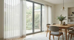Close-up view of sheer fabric vertical blinds creating a soft, diffused light effect across a stylish dining room space.