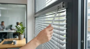 Hand operating the tilt mechanism on aluminium venetian blinds in an office to adjust light levels.