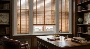 Elegant real wood venetian blinds adding a warm, natural aesthetic to a traditional British study.