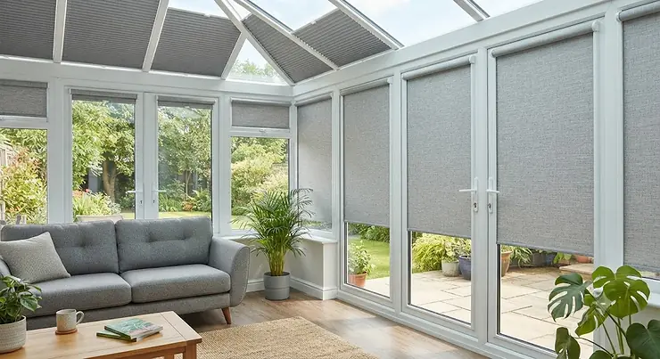 Modern thermal roller blinds installed in a bright UK conservatory to improve energy efficiency.