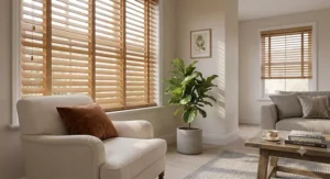 Traditional British lounge decor enhanced by warm timber wooden Venetian blinds, offering light control and privacy.