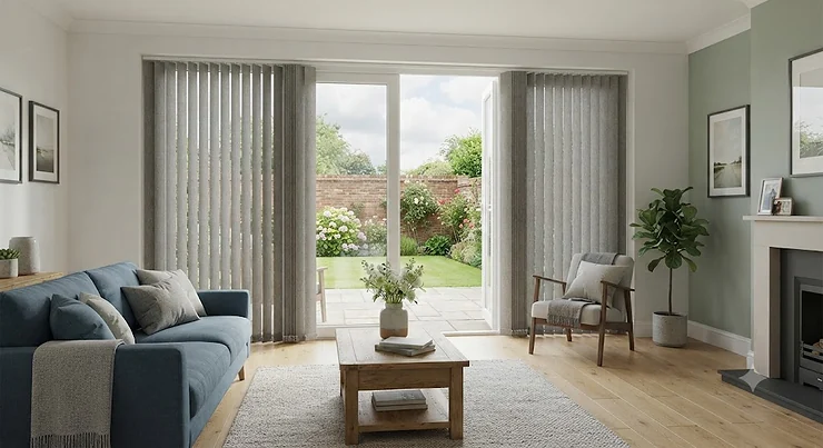 Modern living room featuring made-to-measure vertical blinds for patio doors, dressed in a neutral grey fabric opening onto a British garden.