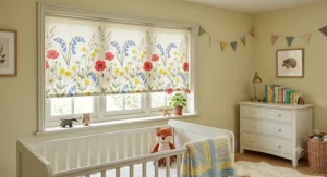 Vibrant British wildflower pattern floral roller blinds in a bright children's nursery.