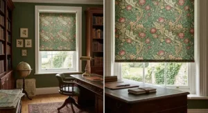 Vintage William Morris style floral roller blinds in a traditional home office or study.