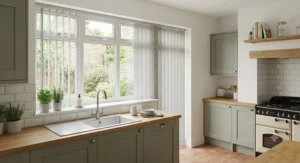 Bright kitchen interior fitted with practical water-resistant fabric vertical blinds, ideal for British homes and splash-prone areas.