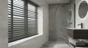 Dark grey faux wood bathroom blinds installed in a contemporary en-suite wet room