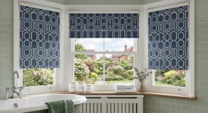 Durable waterproof geometric print roller blinds suitable for bathroom windows