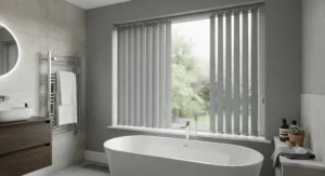 Grey waterproof PVC vertical blinds mounted in a contemporary British bathroom for privacy and moisture resistance.