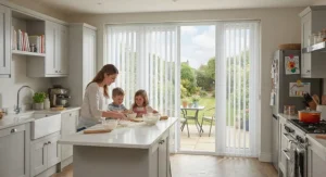 Durable PVC waterproof vertical blinds fitted on patio doors in a busy family kitchen, ideal for easy cleaning and moisture resistance.