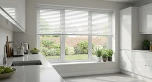 Minimalist white aluminium easy fit venetian blinds in a bright contemporary kitchen