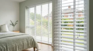 Elegant white aluminium venetian blinds in a bedroom to create a clean, airy feel.