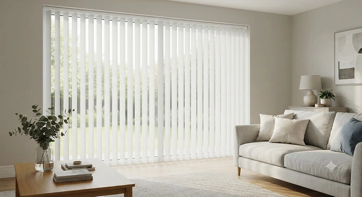 Modern living room window dressed with clean white fabric replacement vertical blind slats.