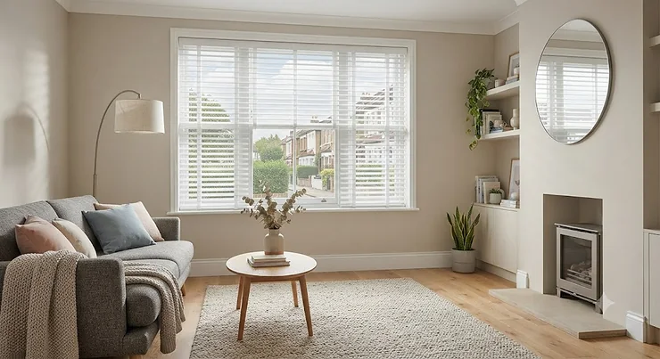 White faux wood venetian blinds fitted in a modern British living room with neutral decor