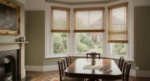 Natural wood effect mini venetian blinds enhancing a traditional dining room interior