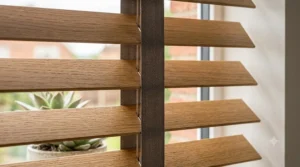 Close-up of wooden venetian blinds featuring stylish fabric decorative tapes for a premium look.