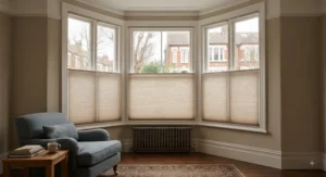Bespoke energy saving cellular blinds perfectly fitted to a bay window in a traditional UK home