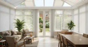 Made-to-measure PVC vertical blinds covering large patio doors and windows in a spacious family conservatory.