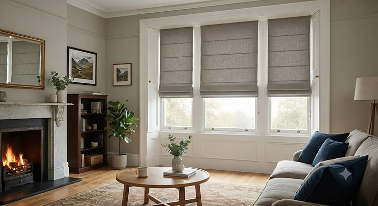 Elegant living room featuring best blackout roman blinds in a neutral grey fabric, providing sophisticated light control for a British home.
