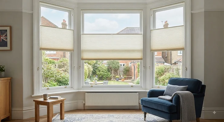 The best honeycomb blinds fitted neatly inside a bright British living room bay window, showcasing modern cellular design.