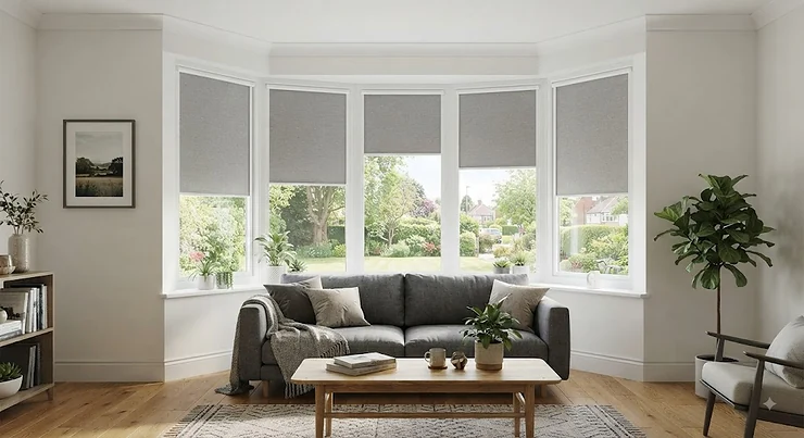 Modern living room featuring best perfect fit blinds installed neatly on a large bay window