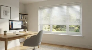 Bright home office showing best perfect fit venetian blinds with adjustable slats for light control