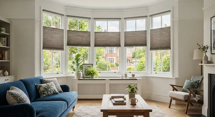 Modern living room featuring made-to-measure best pleated blinds fitted neatly in a large bay window.