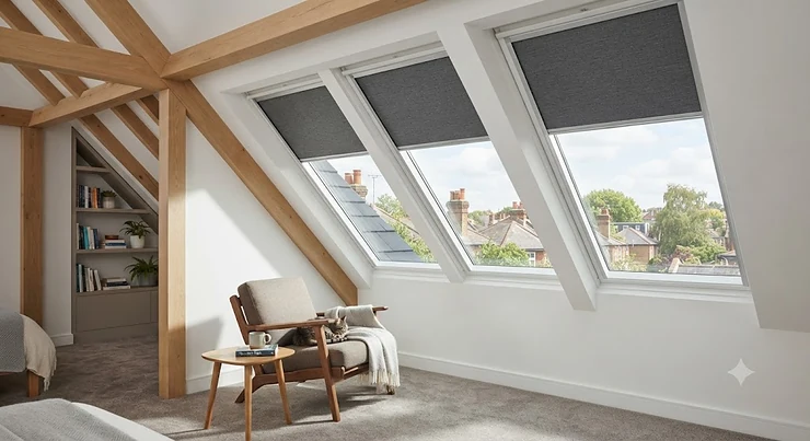Best skylight blinds installed in a bright, modern UK loft conversion.