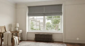 Thermal blackout best roman blinds in a classic grey fabric fitted over a traditional sash window.