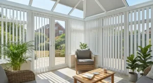 Sun-blocking PVC vertical blinds adjusted to shade a south-facing conservatory during a warm summer afternoon in the UK.
