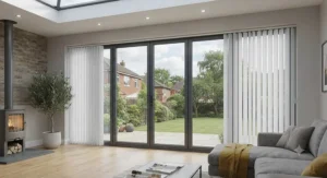 White blackout vertical blinds fitted over large patio doors in a modern UK rear home extension to reduce glare.