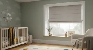 Child-safe cordless best blackout roman blinds fitted neatly inside a nursery window frame.