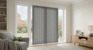 Child-safe wand-operated blackout vertical blinds featuring clean lines and smooth slat rotation for family homes.
