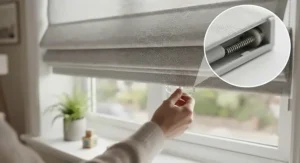 Child-safe cordless mechanism on easy fit roman blinds for family homes