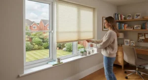 Cordless child-safe honeycomb blinds showing safe, easy manual operation in a family home study.
