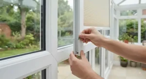 Demonstration of easy drill free installation for best perfect fit blinds on a conservatory window