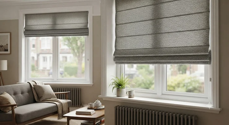 Easy fit roman blinds installed on a modern living room window in a British home