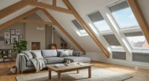 Remote-controlled electric Velux window blinds installed on high vaulted ceiling windows