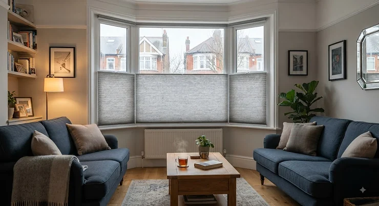 Modern living room featuring energy saving cellular blinds to help retain heat during British winters