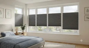 Stylish grey blackout pleated blinds fitted on a bedroom window, offering privacy and light control.