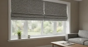 Grey patterned easy fit roman blinds adding texture to a contemporary interior