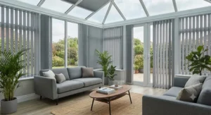 Contemporary grey PVC vertical blinds providing privacy and light control in a stylishly decorated home conservatory.