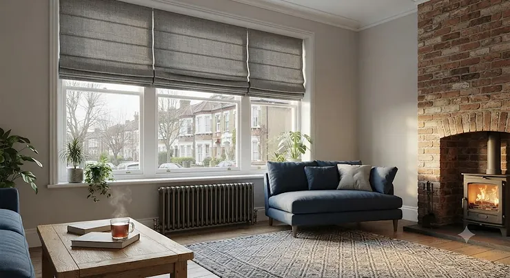 Grey thermal roman blinds fitted on a living room window in a British home, helping to retain heat during winter.