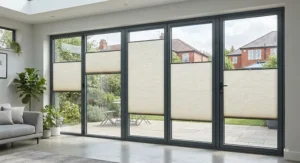Slimline honeycomb blinds fitted onto large glass bifold patio doors in a modern British extension.