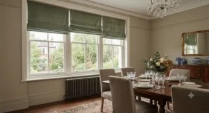Elegant sage green velvet best roman blinds adding a luxurious finish to a British dining room interior.