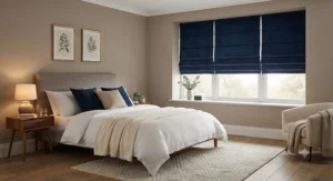 Cosy modern bedroom fitted with custom-made best blackout roman blinds in navy blue velvet for a peaceful night's sleep.